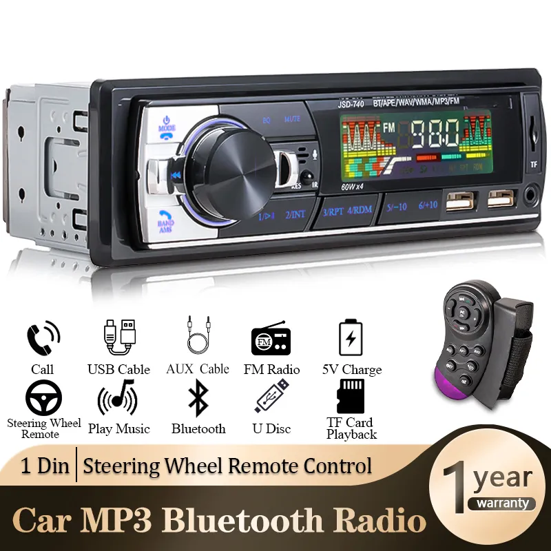 Radio de coche 1din Bluetooth Audio estéreo reproductor MP3 receptor FM 60Wx4 con Control remoto tarjeta AUX/USB/TF en Kit de tablero